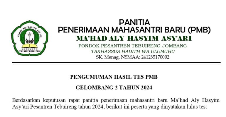 Pengumuman Hasil Tes Pmb Marhalah Ula (m1) Gelombang 2 Tahun 2024 Page 0001