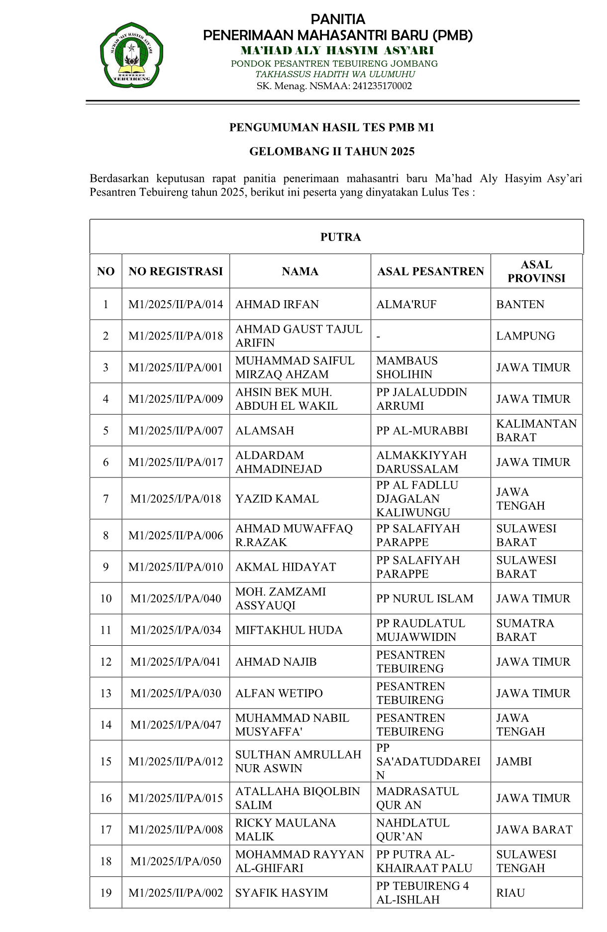 Pengumuman hasil tes pmb gel. 2 tahun 2025 1