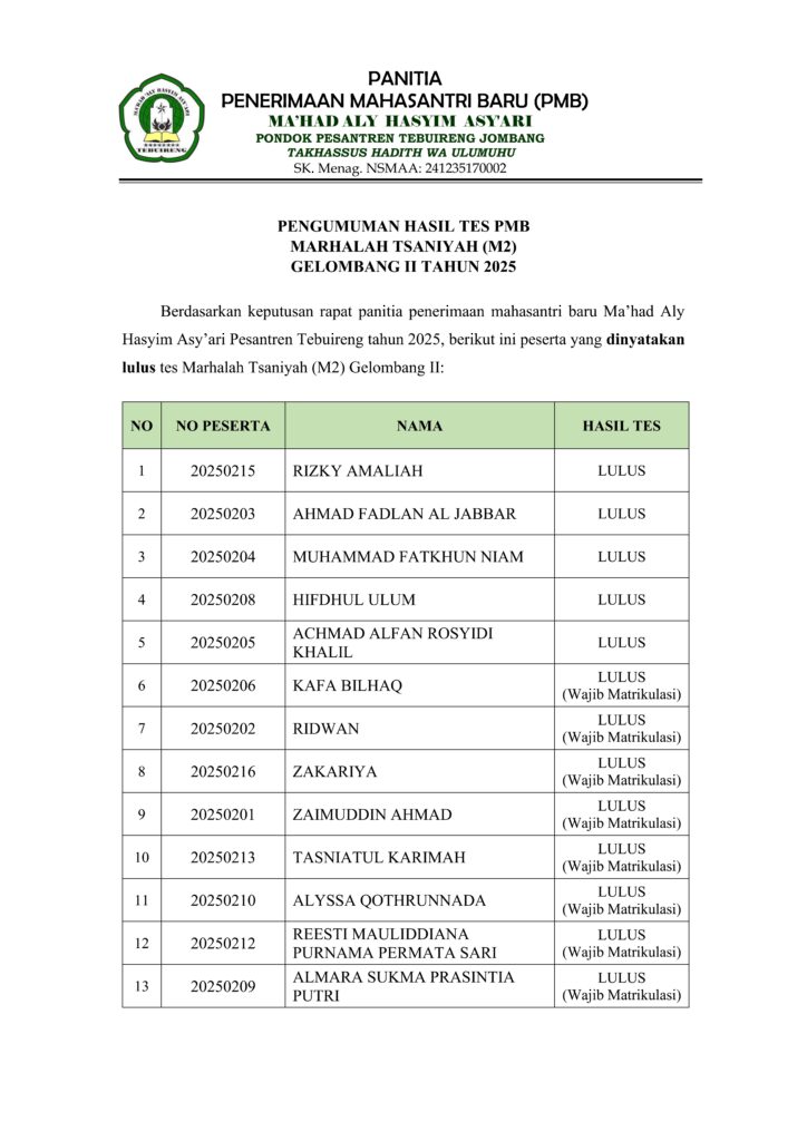 Pengumuman kelulusan pmb m2 maha ii 25 001