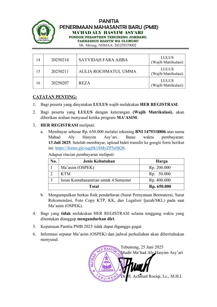 Pengumuman kelulusan pmb m2 maha ii 25 002
